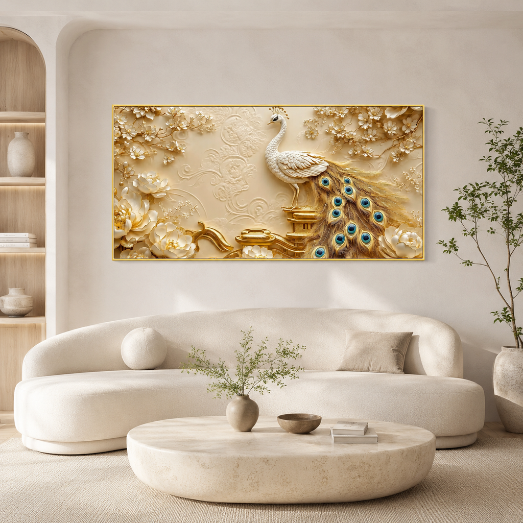 Artistic 3D White Peacock Painting with Gold Tail Feathers and Floral Embossed Wall Decor Design