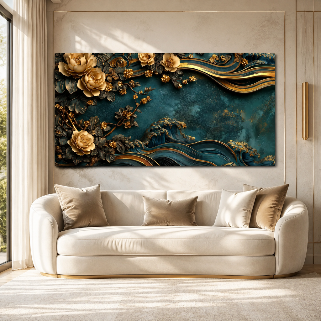 Luxury 3D Teal and Gold Floral Wave Wall Art Painting for Modern Home Decor
