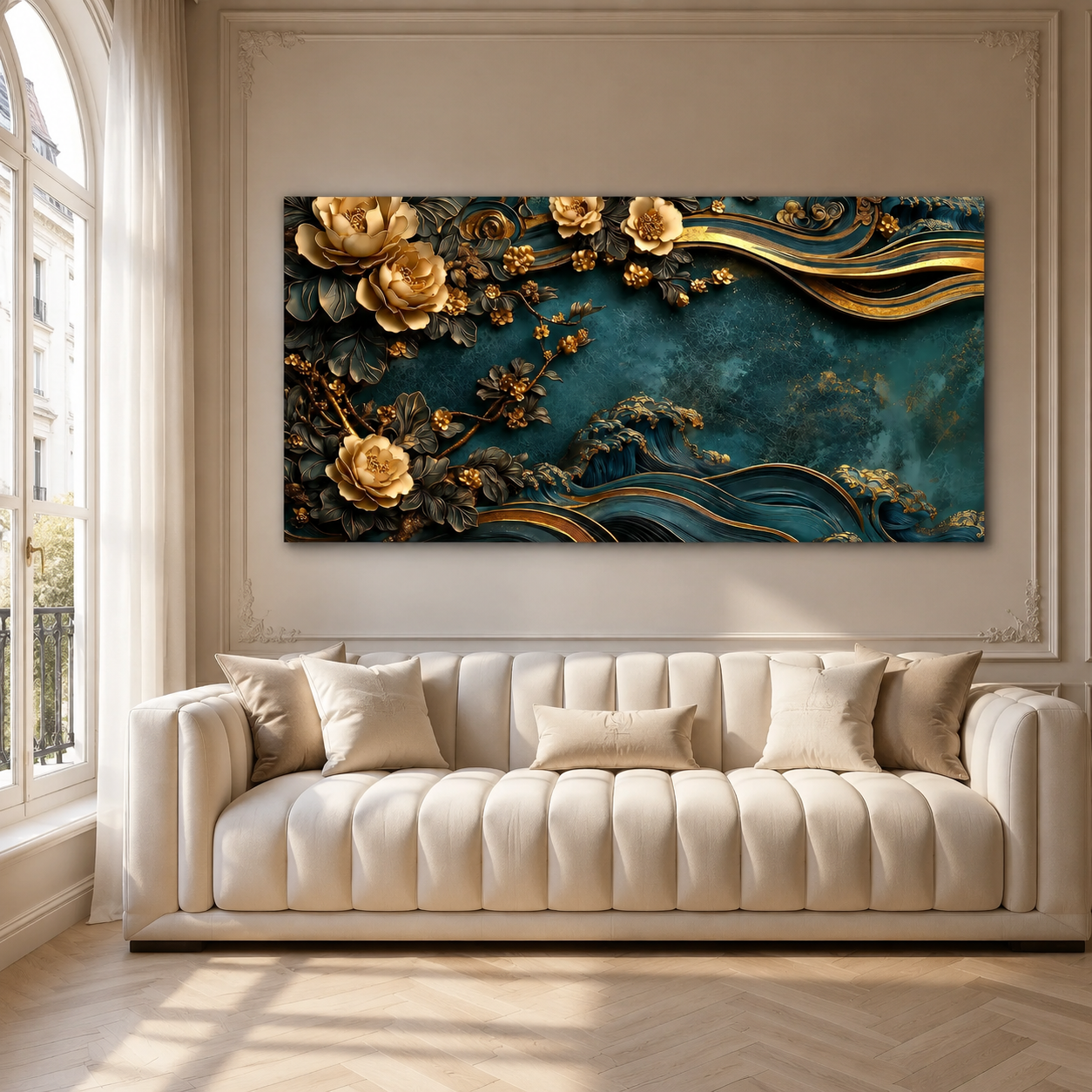 Luxury 3D Teal and Gold Floral Wave Wall Art Painting for Modern Home Decor