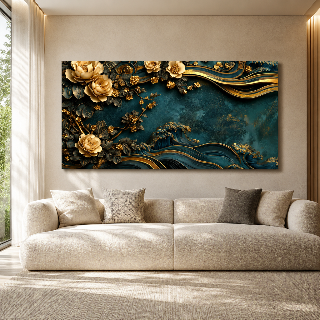 Luxury 3D Teal and Gold Floral Wave Wall Art Painting for Modern Home Decor