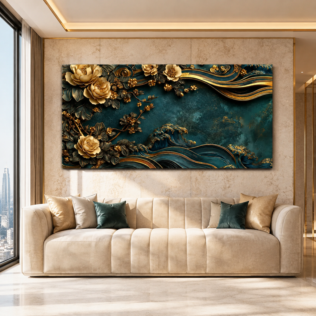 Luxury 3D Teal and Gold Floral Wave Wall Art Painting for Modern Home Decor