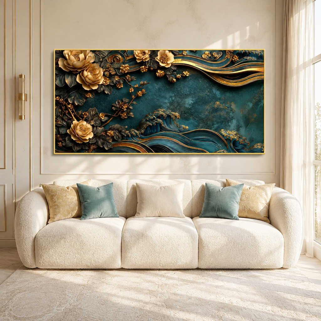 Luxury 3D Teal and Gold Floral Wave Wall Art Painting for Modern Home Decor