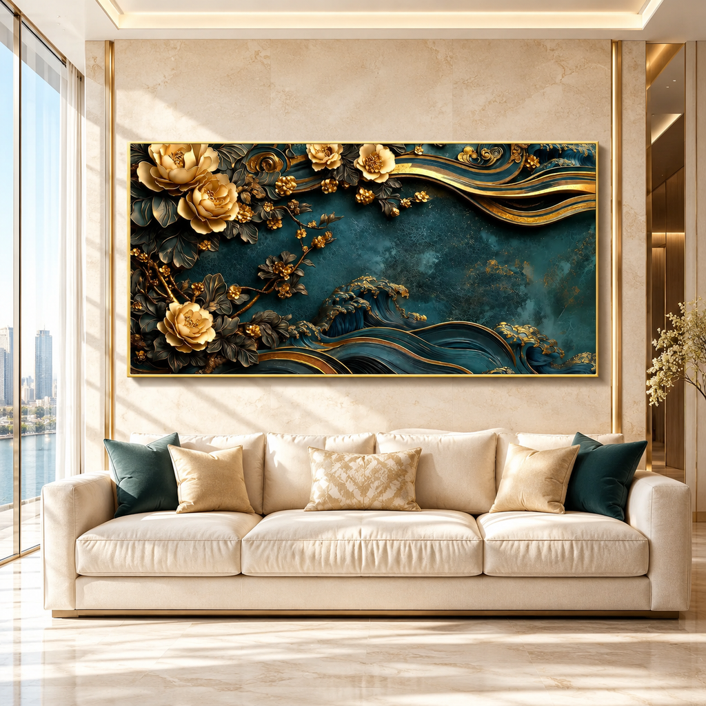 Luxury 3D Teal and Gold Floral Wave Wall Art Painting for Modern Home Decor
