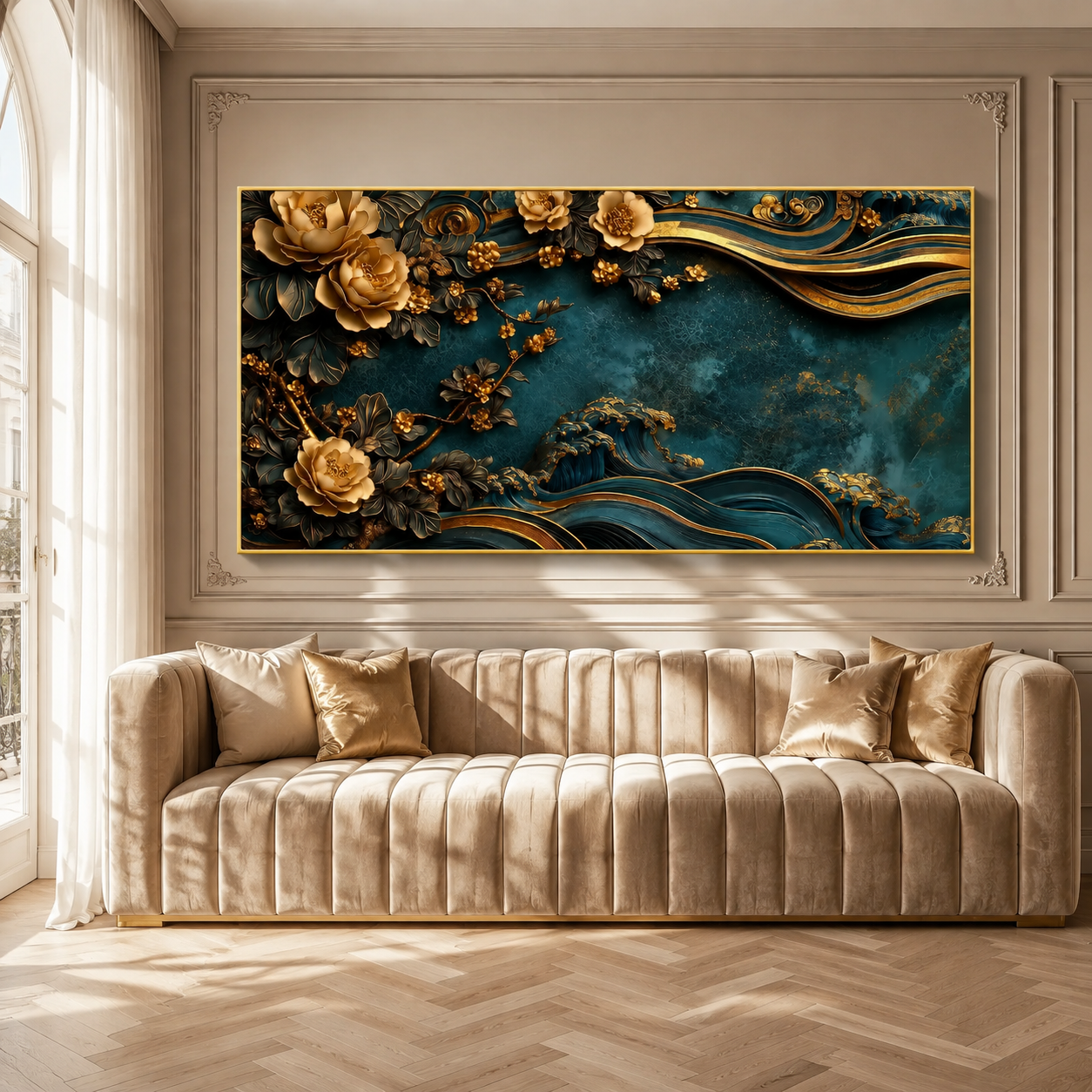 Luxury 3D Teal and Gold Floral Wave Wall Art Painting for Modern Home Decor