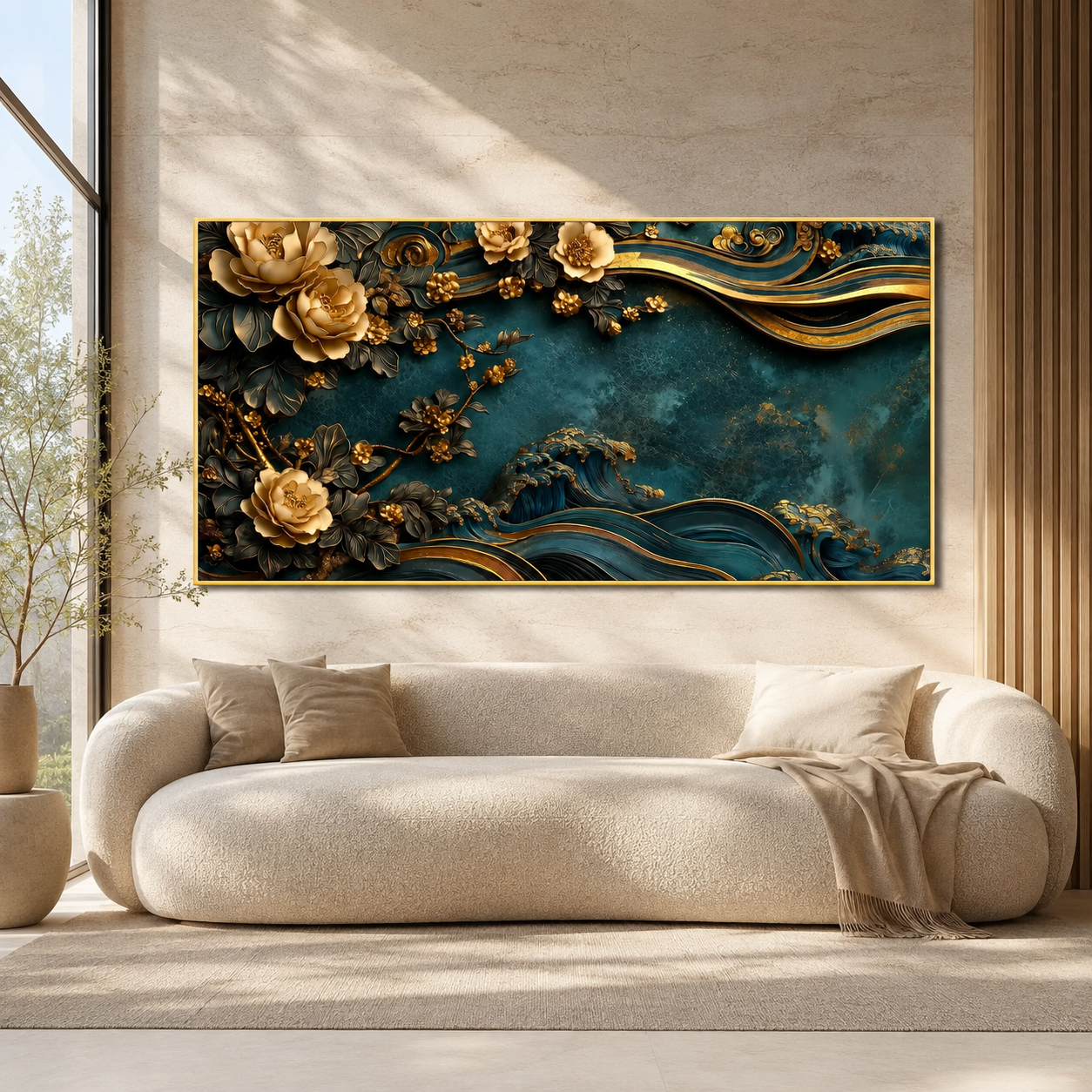 Luxury 3D Teal and Gold Floral Wave Wall Art Painting for Modern Home Decor