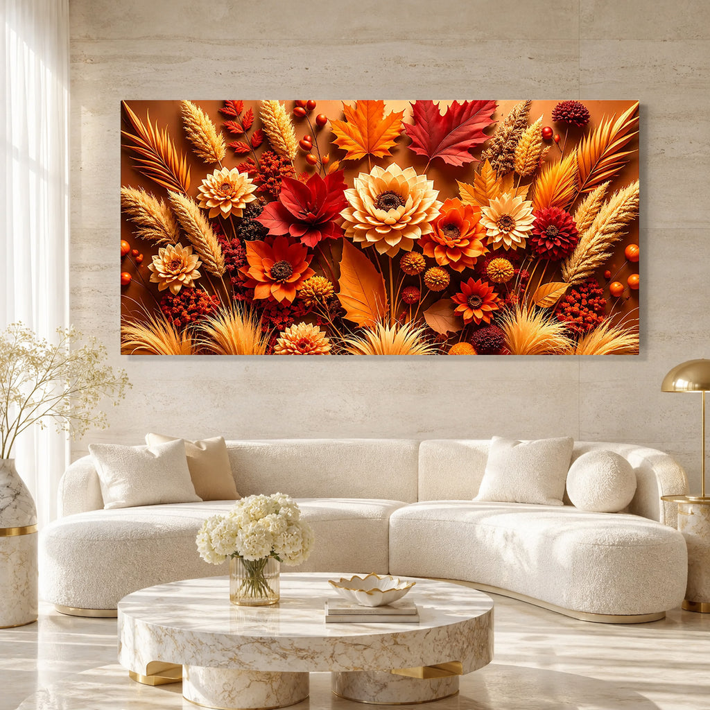Premium 3D Autumn Flower Wall Art Painting with Golden Leaves for Home Decor