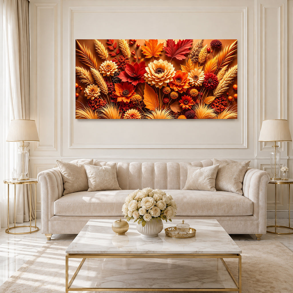 Premium 3D Autumn Flower Wall Art Painting with Golden Leaves for Home Decor