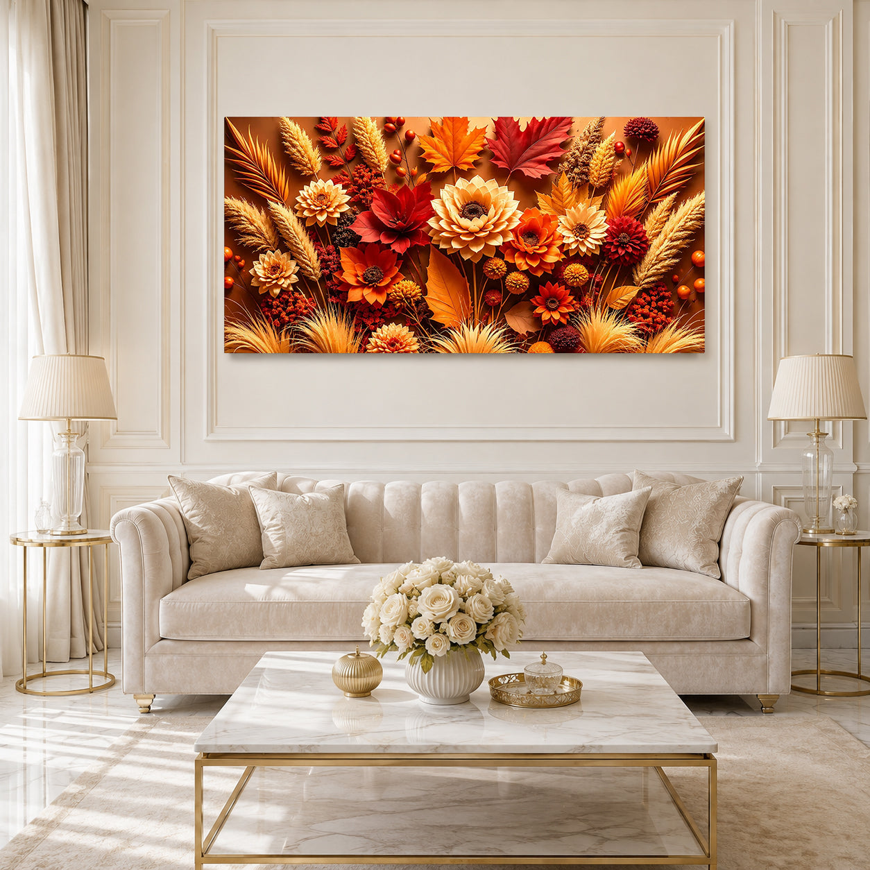 Premium 3D Autumn Flower Wall Art Painting with Golden Leaves for Home Decor