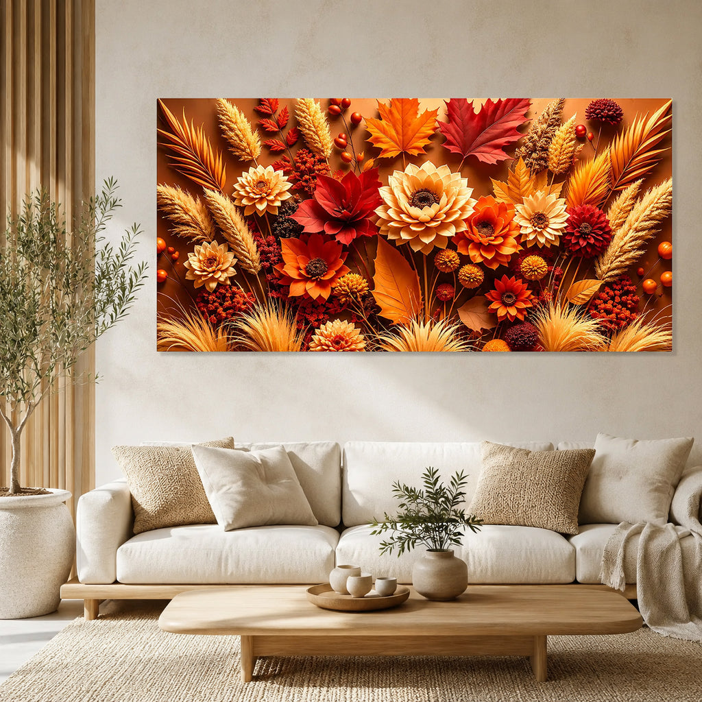 Premium 3D Autumn Flower Wall Art Painting with Golden Leaves for Home Decor