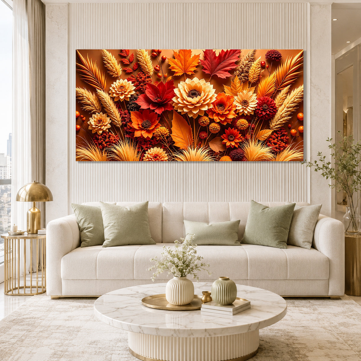 Premium 3D Autumn Flower Wall Art Painting with Golden Leaves for Home Decor