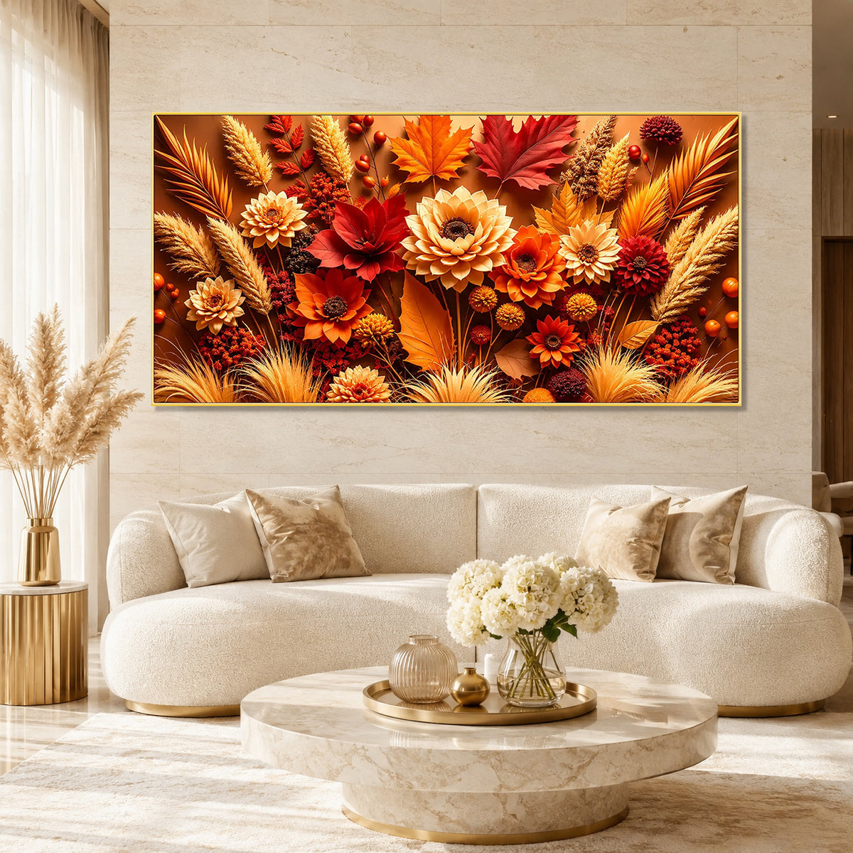 Premium 3D Autumn Flower Wall Art Painting with Golden Leaves for Home Decor