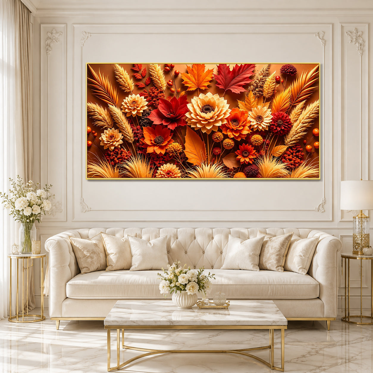 Premium 3D Autumn Flower Wall Art Painting with Golden Leaves for Home Decor