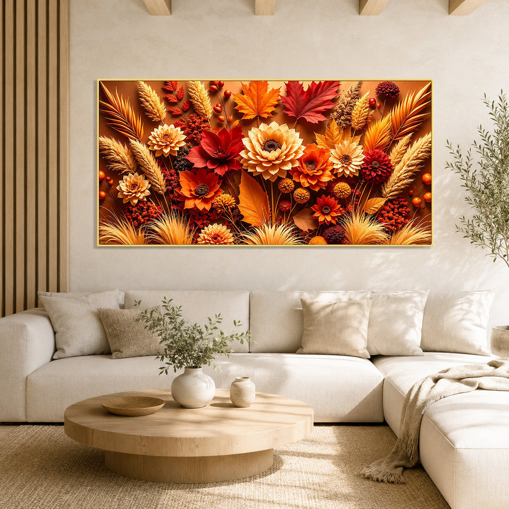 Premium 3D Autumn Flower Wall Art Painting with Golden Leaves for Home Decor