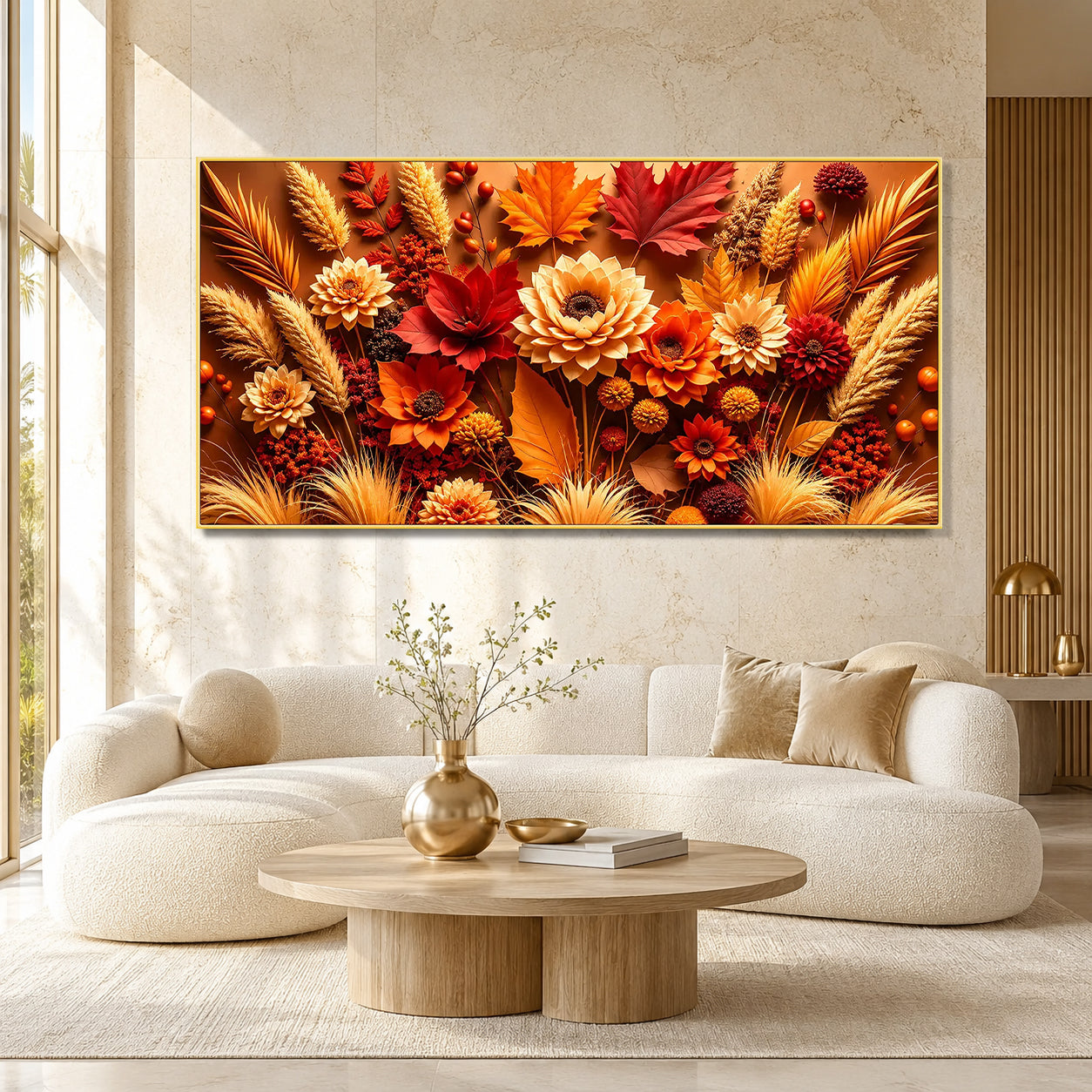 Premium 3D Autumn Flower Wall Art Painting with Golden Leaves for Home Decor