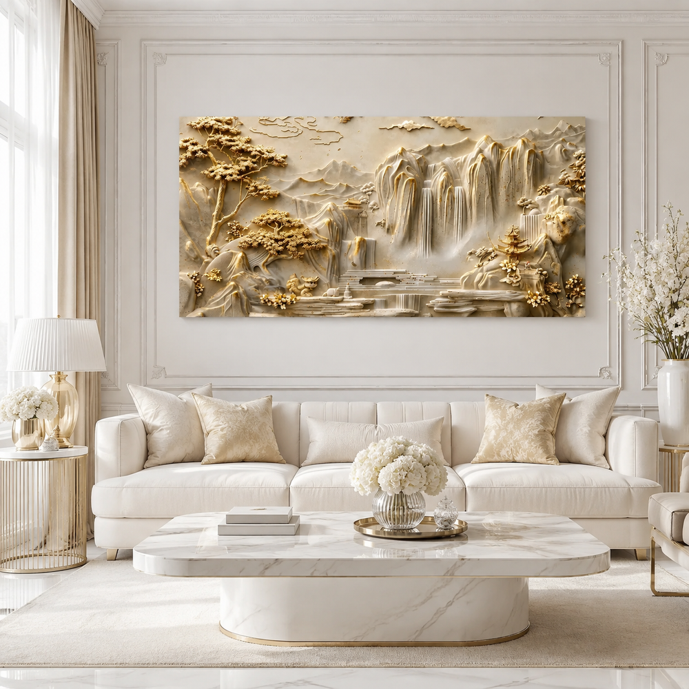 Luxury 3D Textured Landscape Wall Art Featuring Golden Mountains Waterfalls Trees and Elegant Nature
