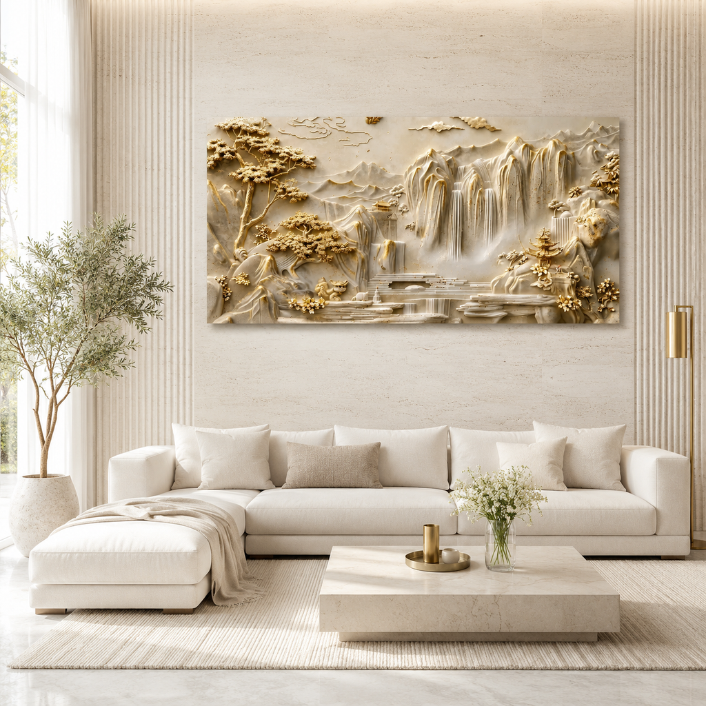 Luxury 3D Textured Landscape Wall Art Featuring Golden Mountains Waterfalls Trees and Elegant Nature