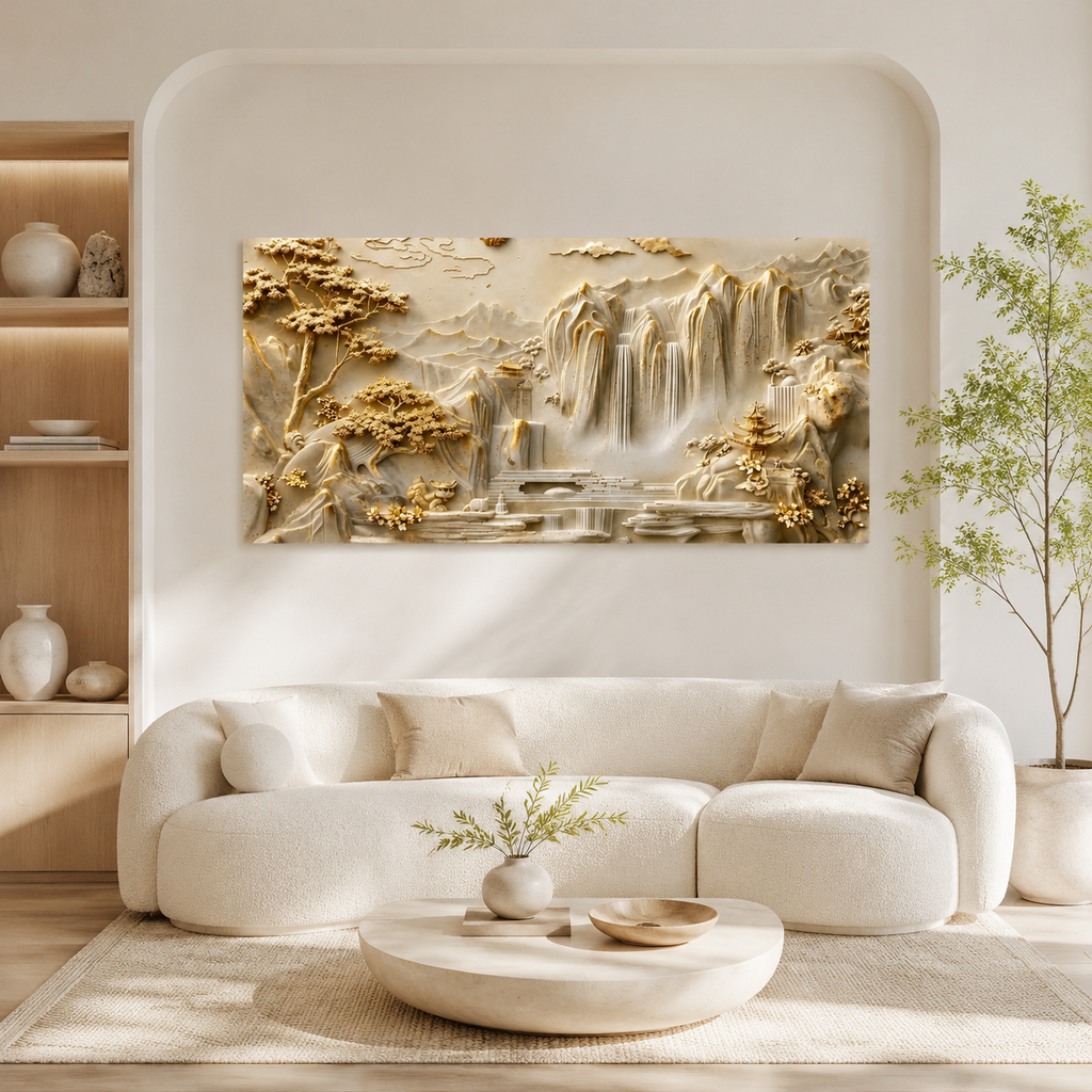 Luxury 3D Textured Landscape Wall Art Featuring Golden Mountains Waterfalls Trees and Elegant Nature
