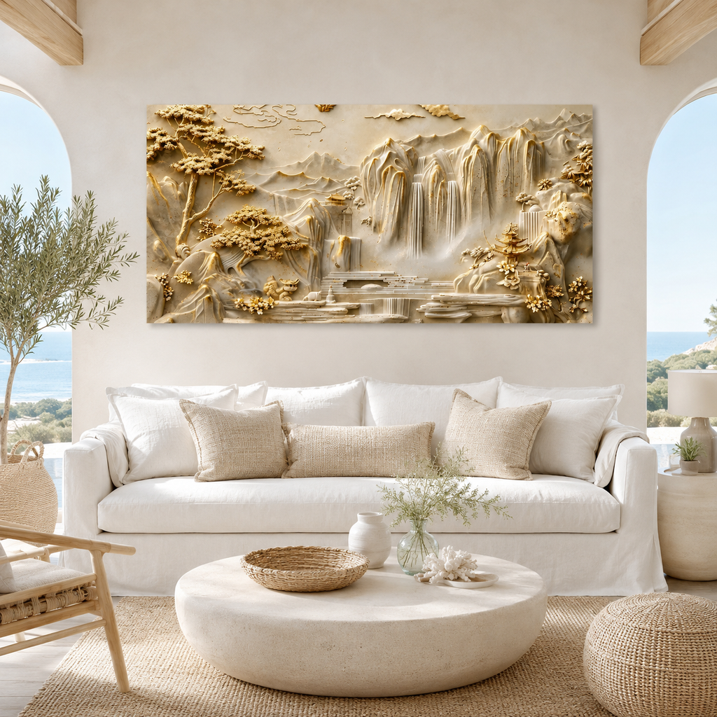 Luxury 3D Textured Landscape Wall Art Featuring Golden Mountains Waterfalls Trees and Elegant Nature