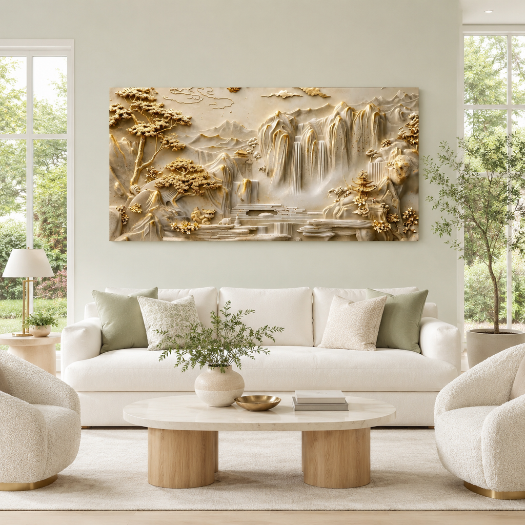 Luxury 3D Textured Landscape Wall Art Featuring Golden Mountains Waterfalls Trees and Elegant Nature