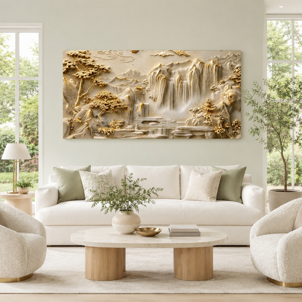 Luxury 3D Textured Landscape Wall Art Featuring Golden Mountains Waterfalls Trees and Elegant Nature