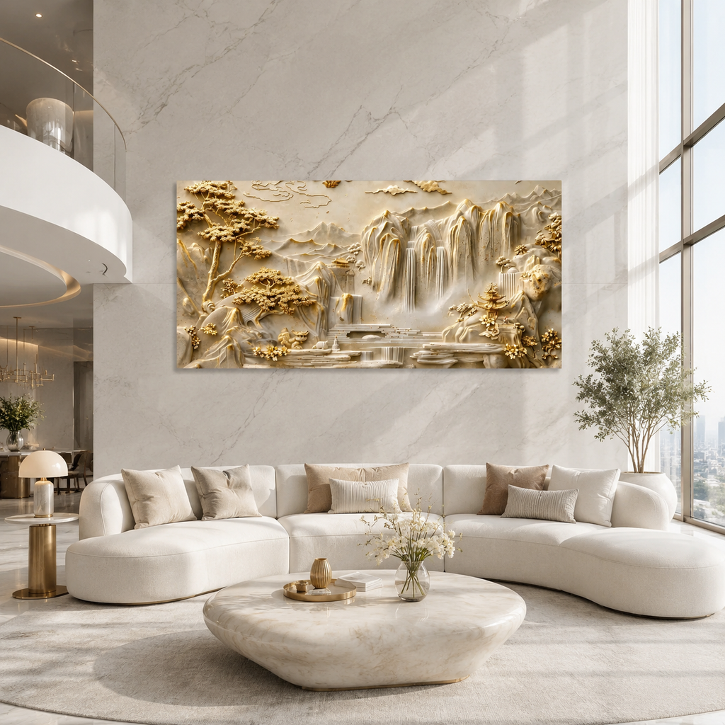 Luxury 3D Textured Landscape Wall Art Featuring Golden Mountains Waterfalls Trees and Elegant Nature