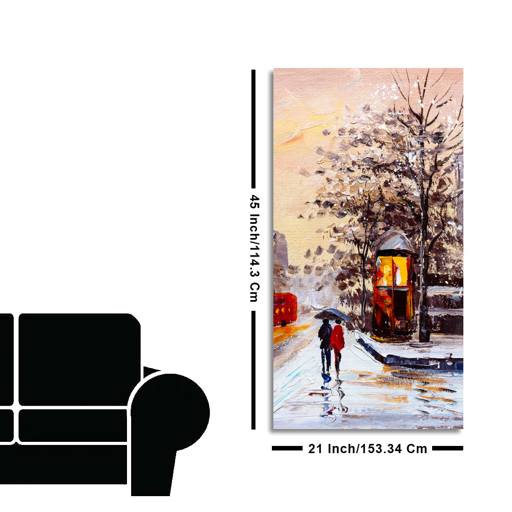 Premium Wall Canvas Painting of a Couple Walking in Snowfall