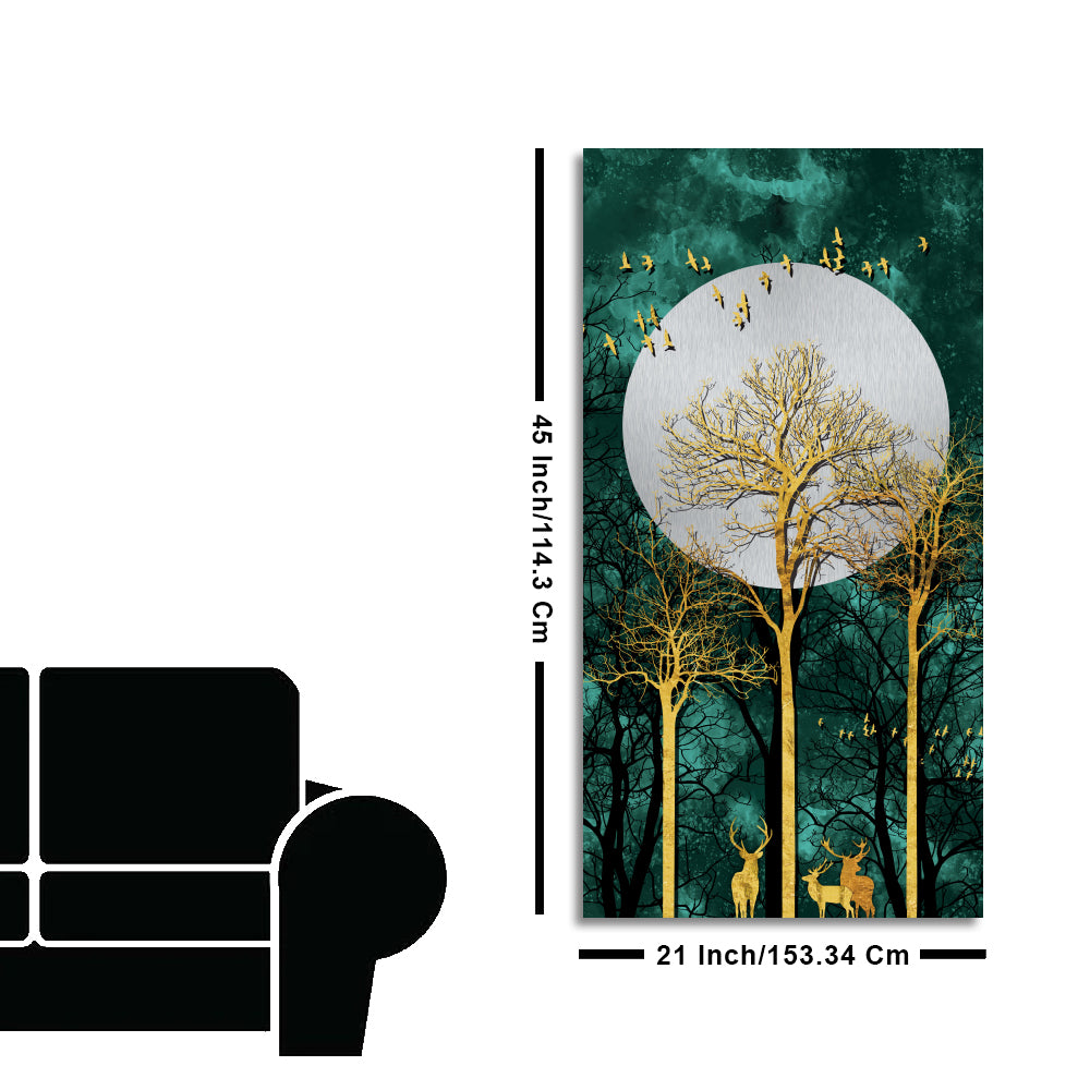 Golden Tree with Moon and Flying Birds Premium Canvas Wall Painting
