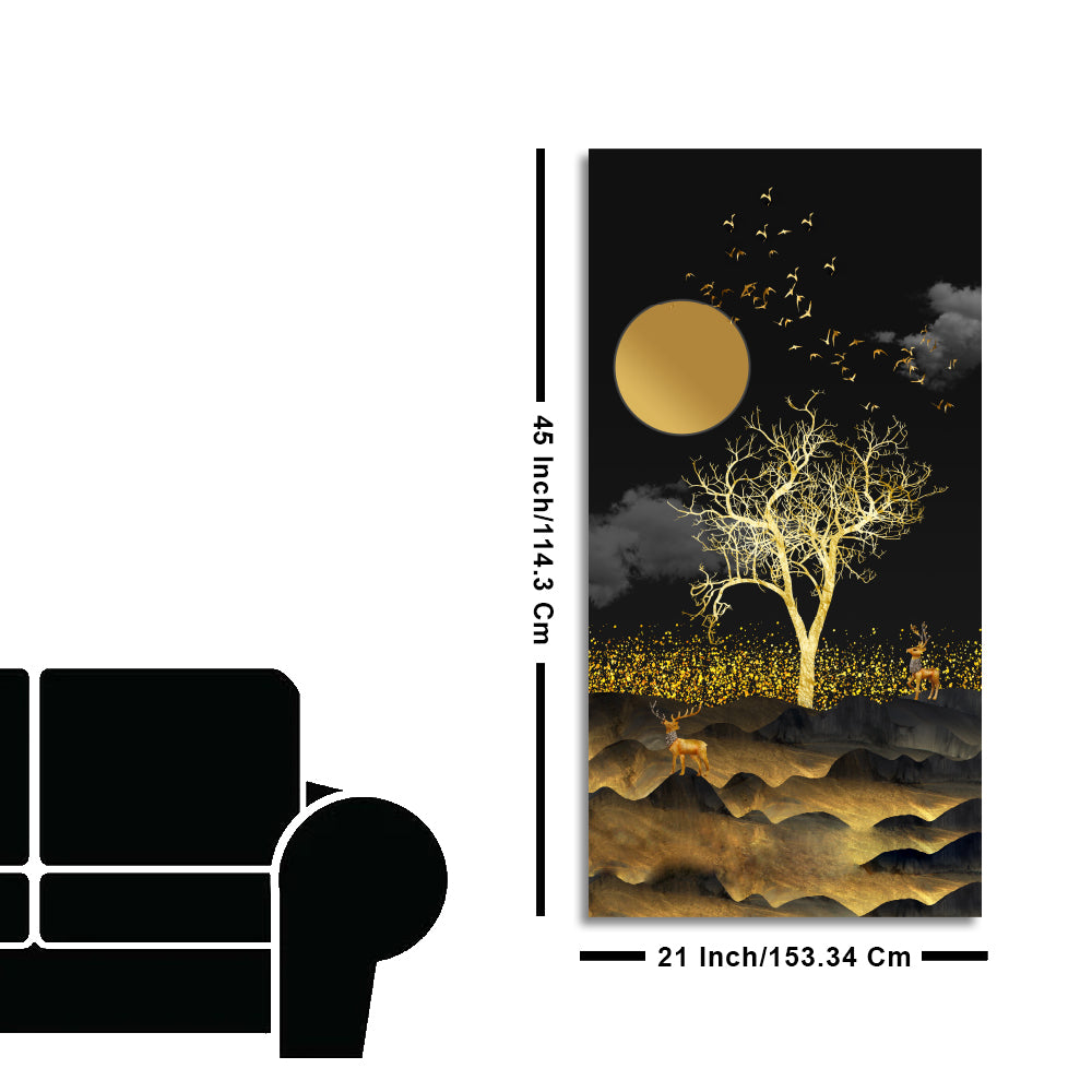 Dark Moon Light with Golden Birds Premium Canvas Wall Painting