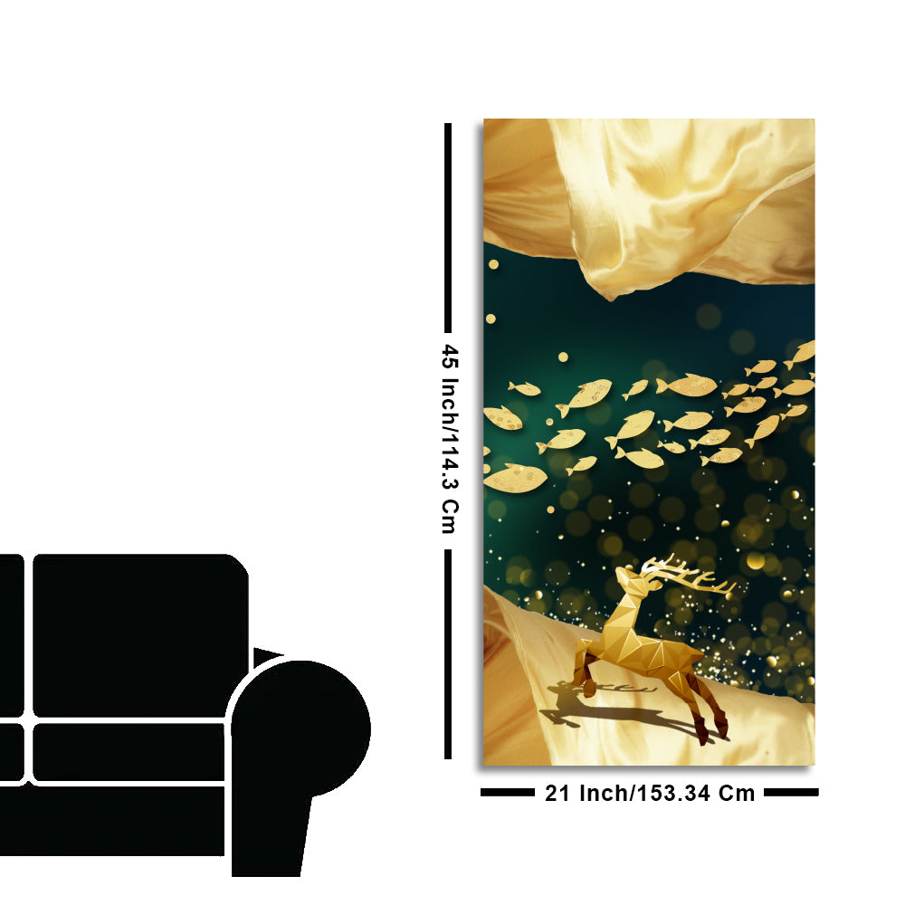 Beautiful Golden Running Deer with Fish Premium Canvas Wall Painting