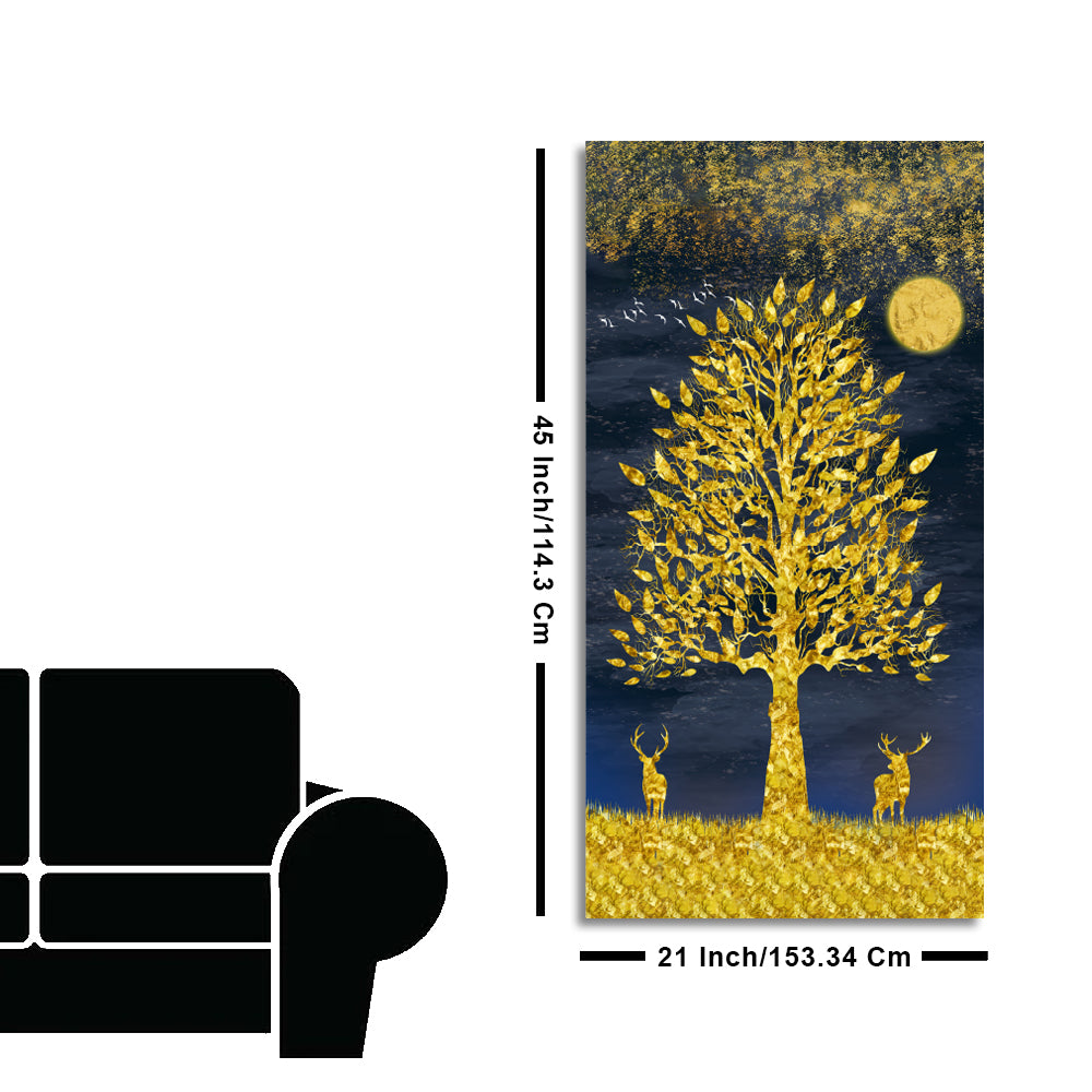 Beautiful Golden Tree and Moon with Deers Premium Canvas Wall Painting