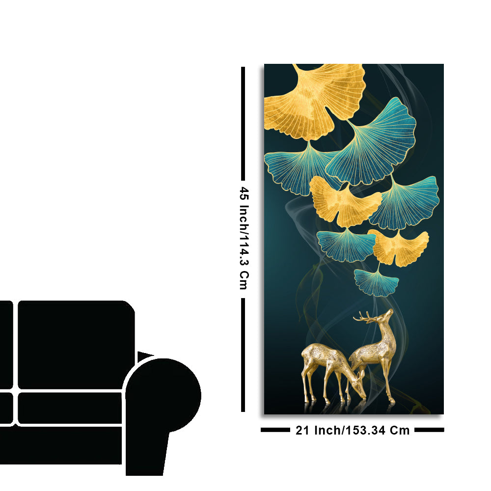Modern Abstract Green Leaf with Deer Premium Canvas Wall Painting