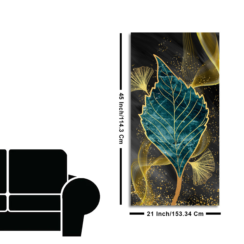 Golden Waves Shapes Turquoise and Green Leaf Feather Canvas Wall Painting