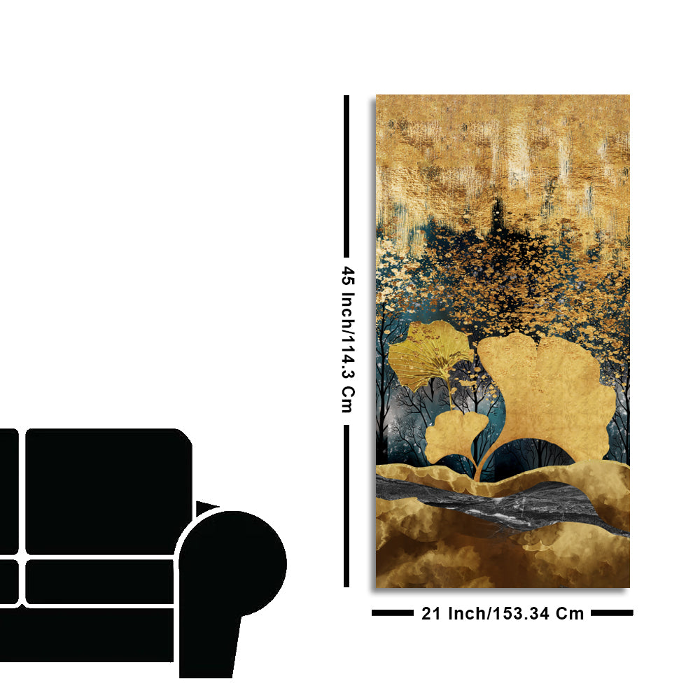Modern Golden Ginkgo Leaves with Mountains Premium Canvas Wall Painting