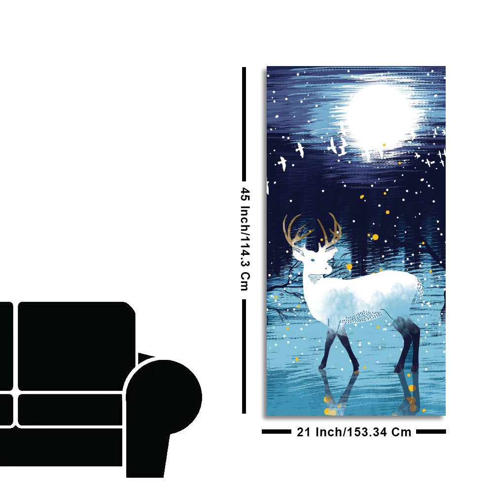 Beautiful White Deer in Full Moon Night Premium Canvas Wall Painting