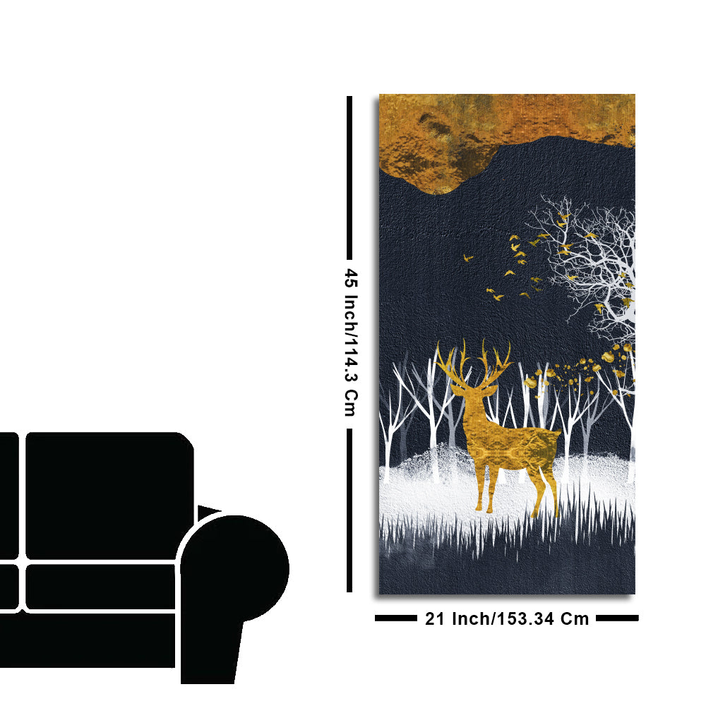 Dark Night Golden Deer with Birds Premium Canvas Wall Painting