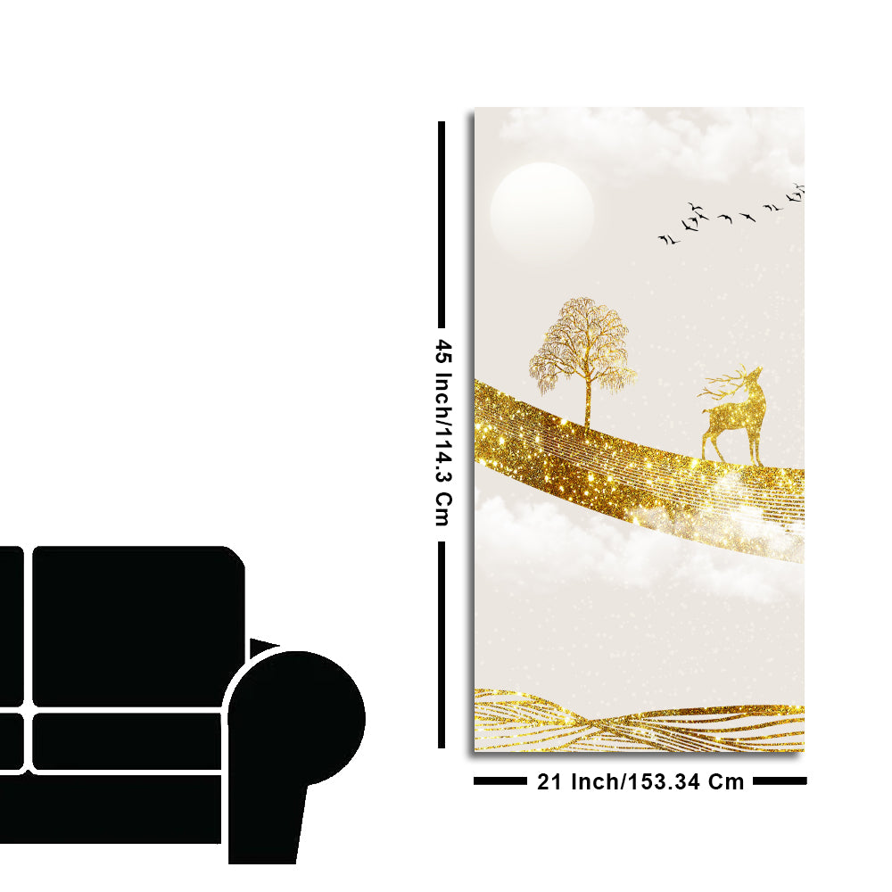 Luxury Golden Tree with Deer and Flying Birds Premium Canvas Wall Painting