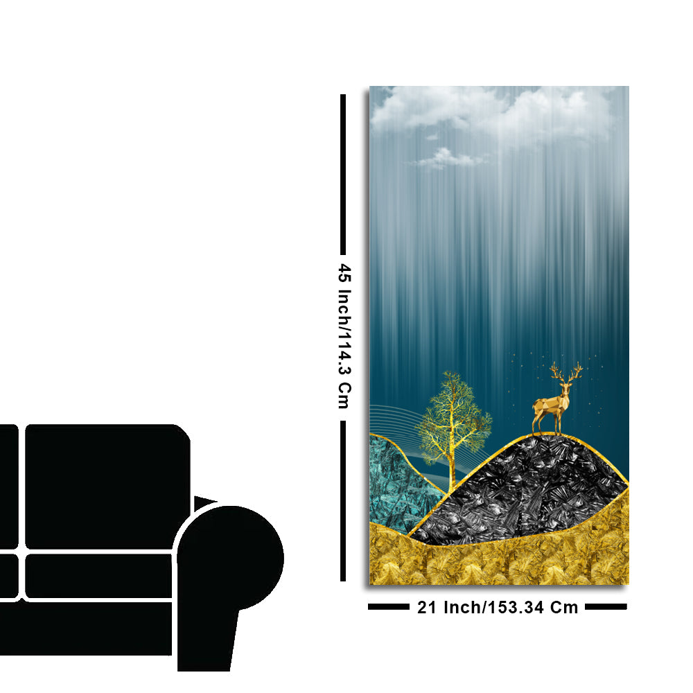 Beautiful Golden Mountains and Deer with Moon Canvas Wall Painting