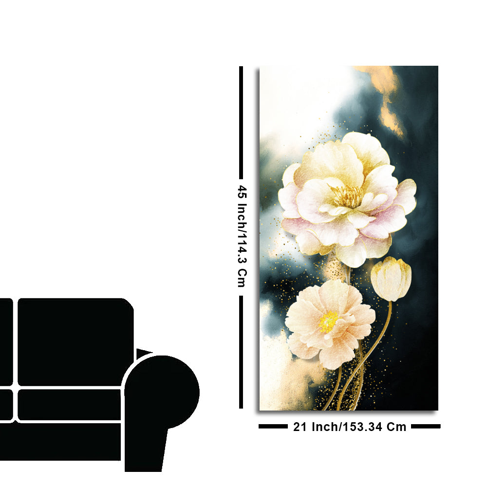Golden Particles with White Flower Premium Canvas Wall Painting
