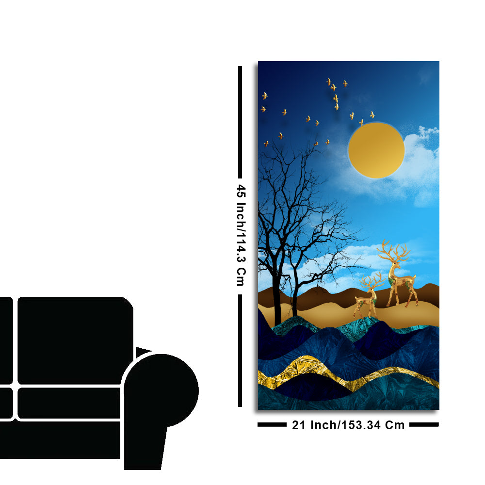 Midnight Golden Deers Scenery with Moon Premium Canvas Wall Painting