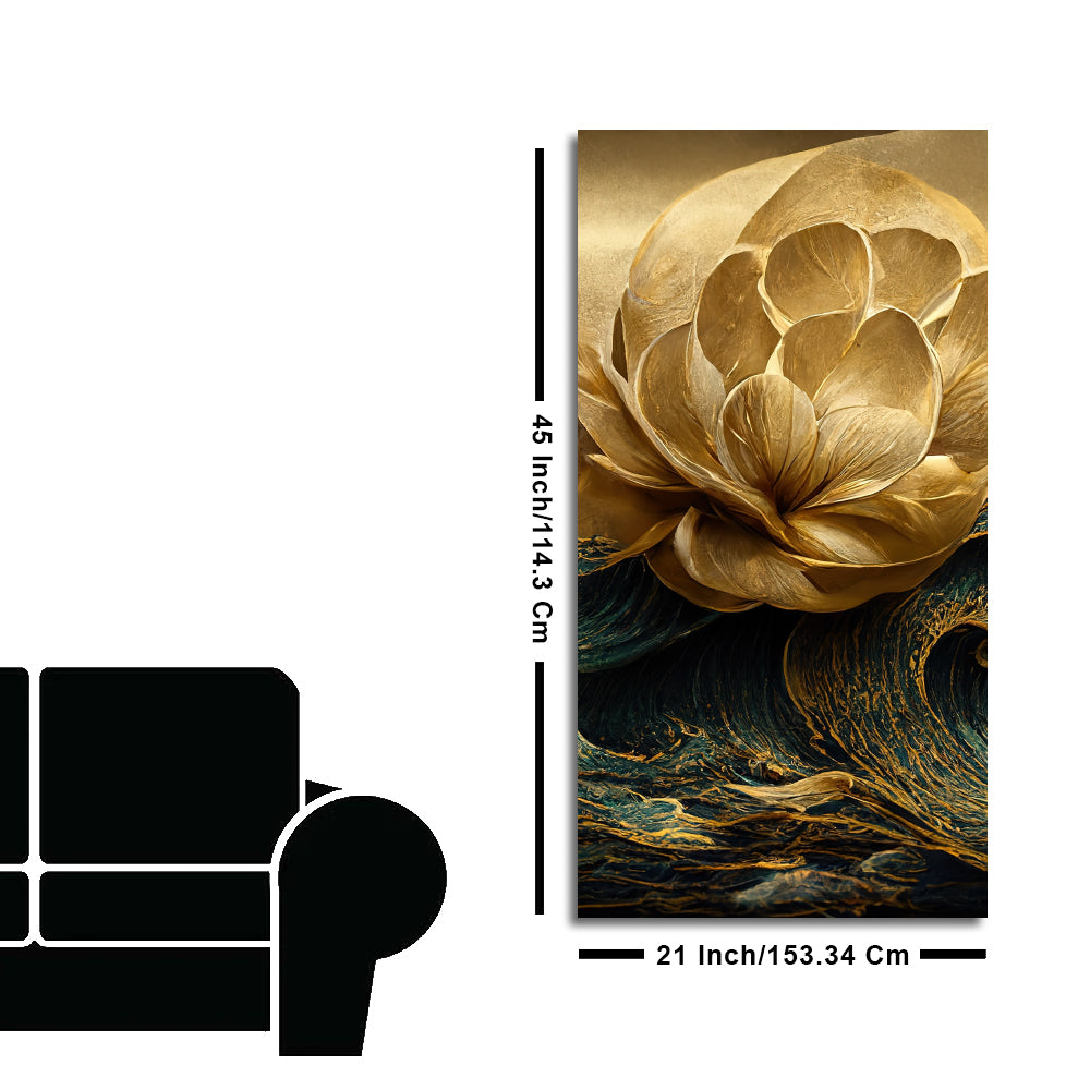 Modern Golden Flower and Waves Premium Canvas Wall Painting