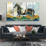 Premium Wall Painting of Horse and Golden trees with Colored Mountains of Five Pieces