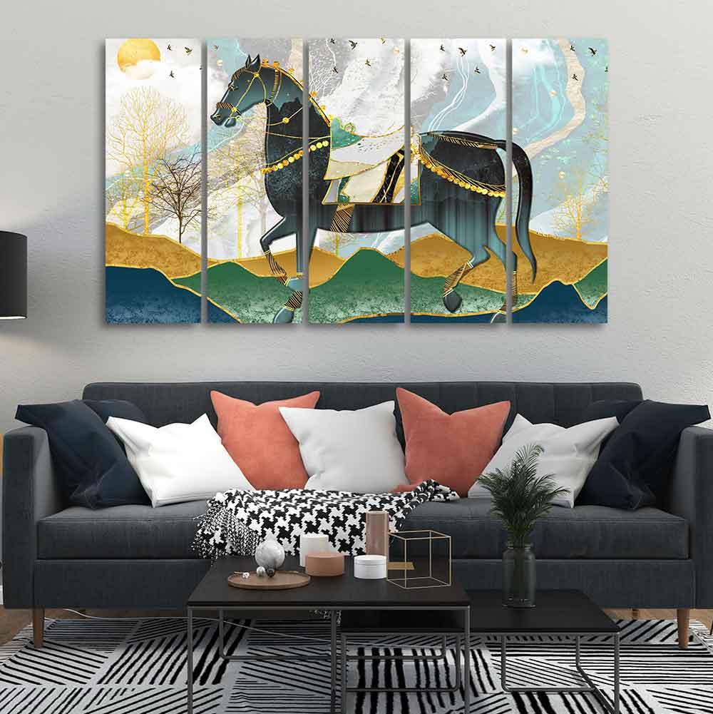 Premium Wall Painting of Horse and Golden trees of Five Pieces