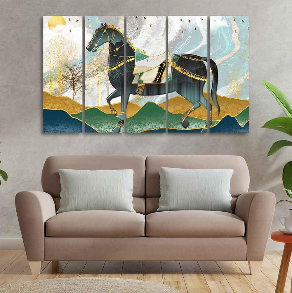 Premium Wall Painting of Horse and Golden trees of Five Pieces