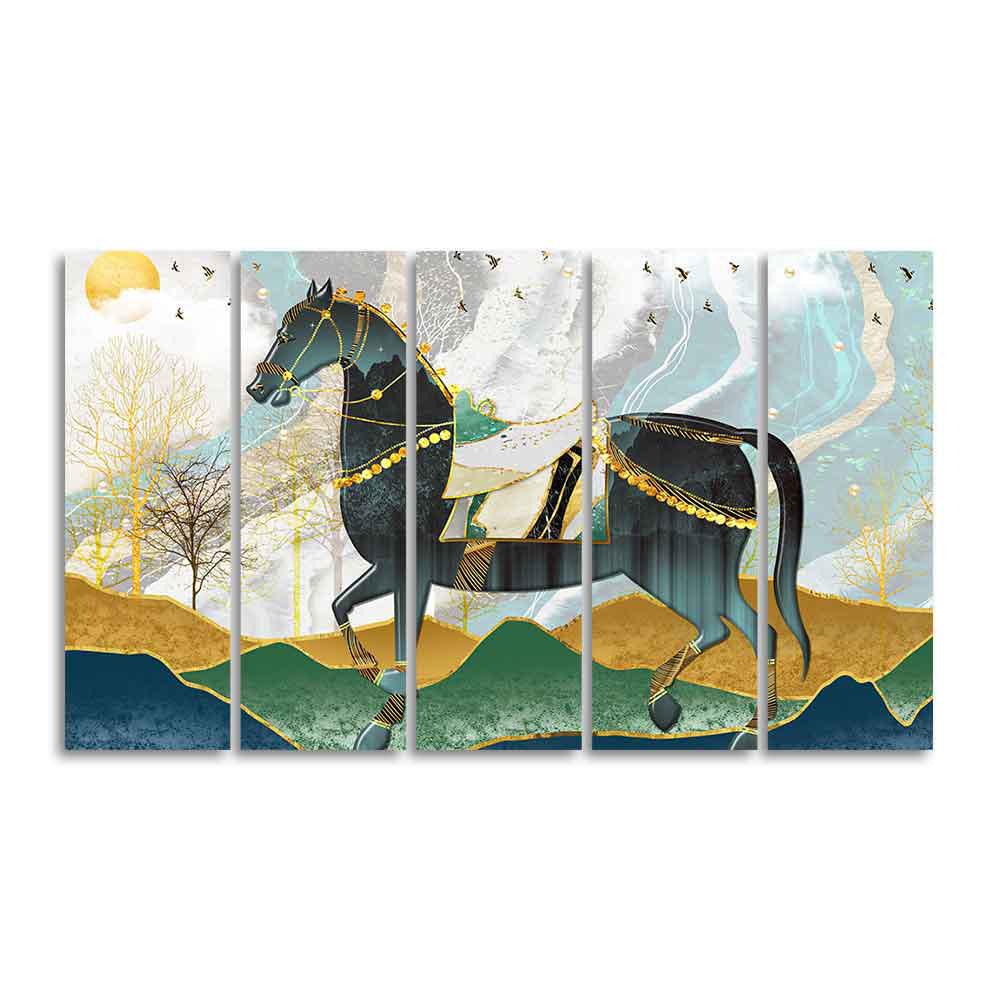 Premium Wall Painting of Horse and Golden trees of Five Pieces