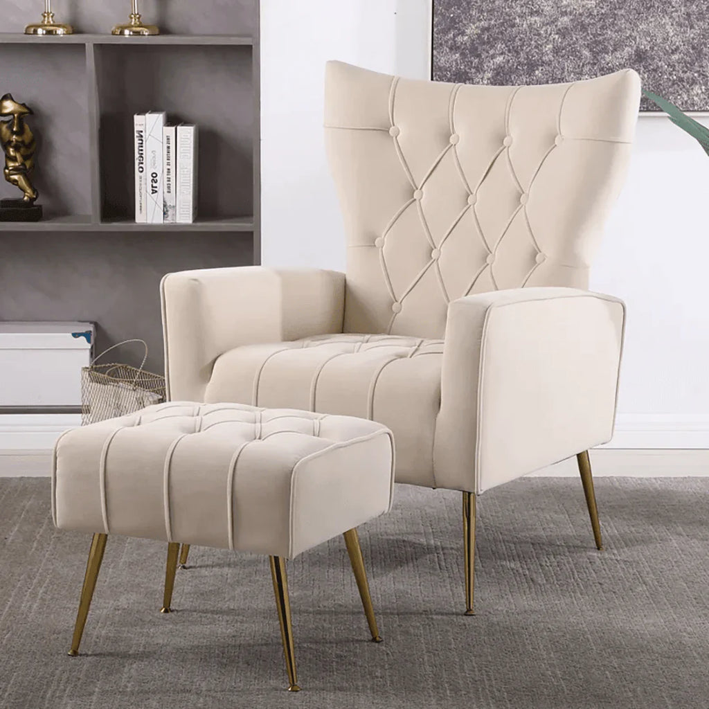 Luxury White Wingback Sofa Lounge Chair with Ottoman