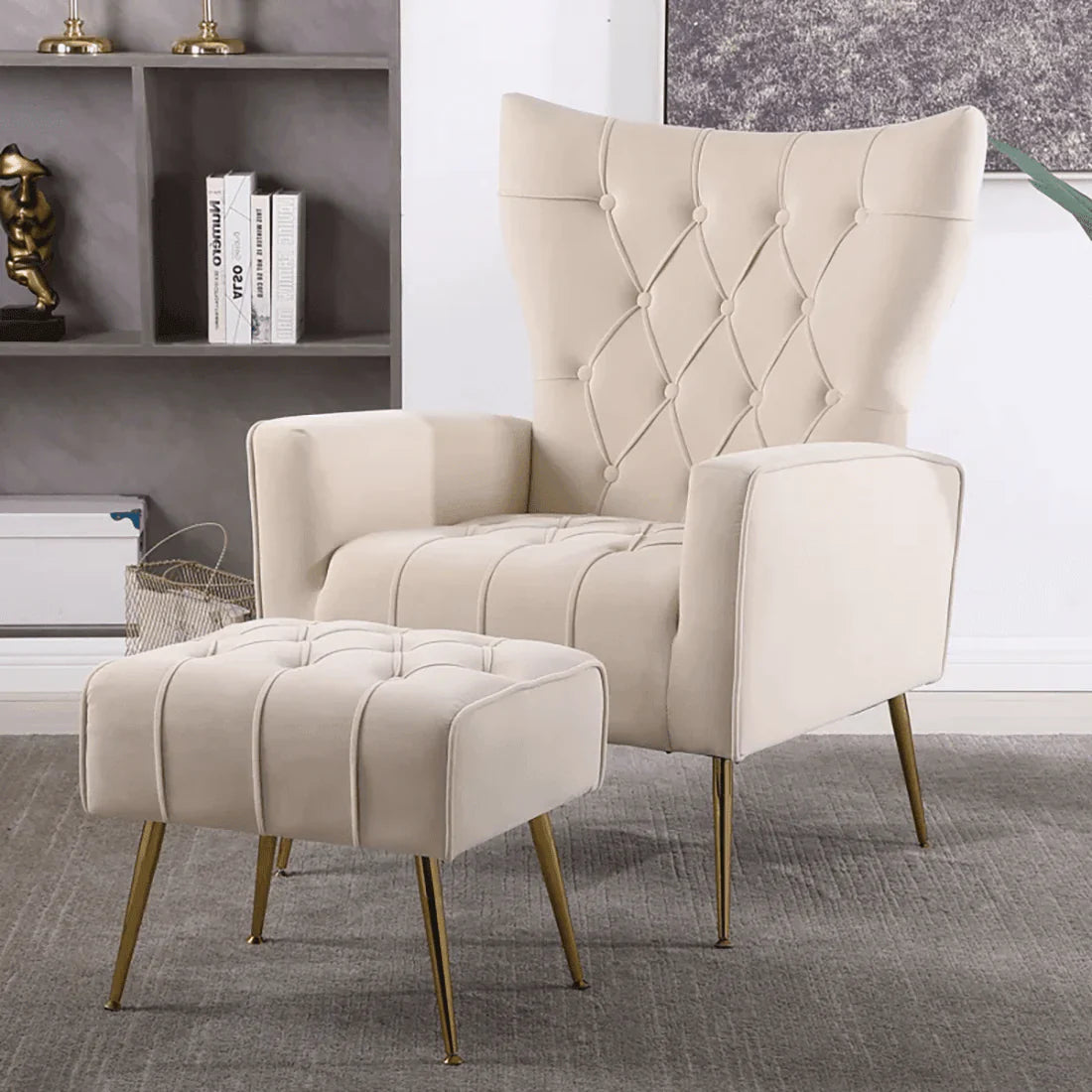 Luxury White Wingback Sofa Lounge Chair with Ottoman
