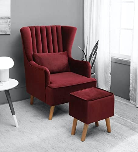 Maroon Wingback Sofa Lounge Chair with Ottoman