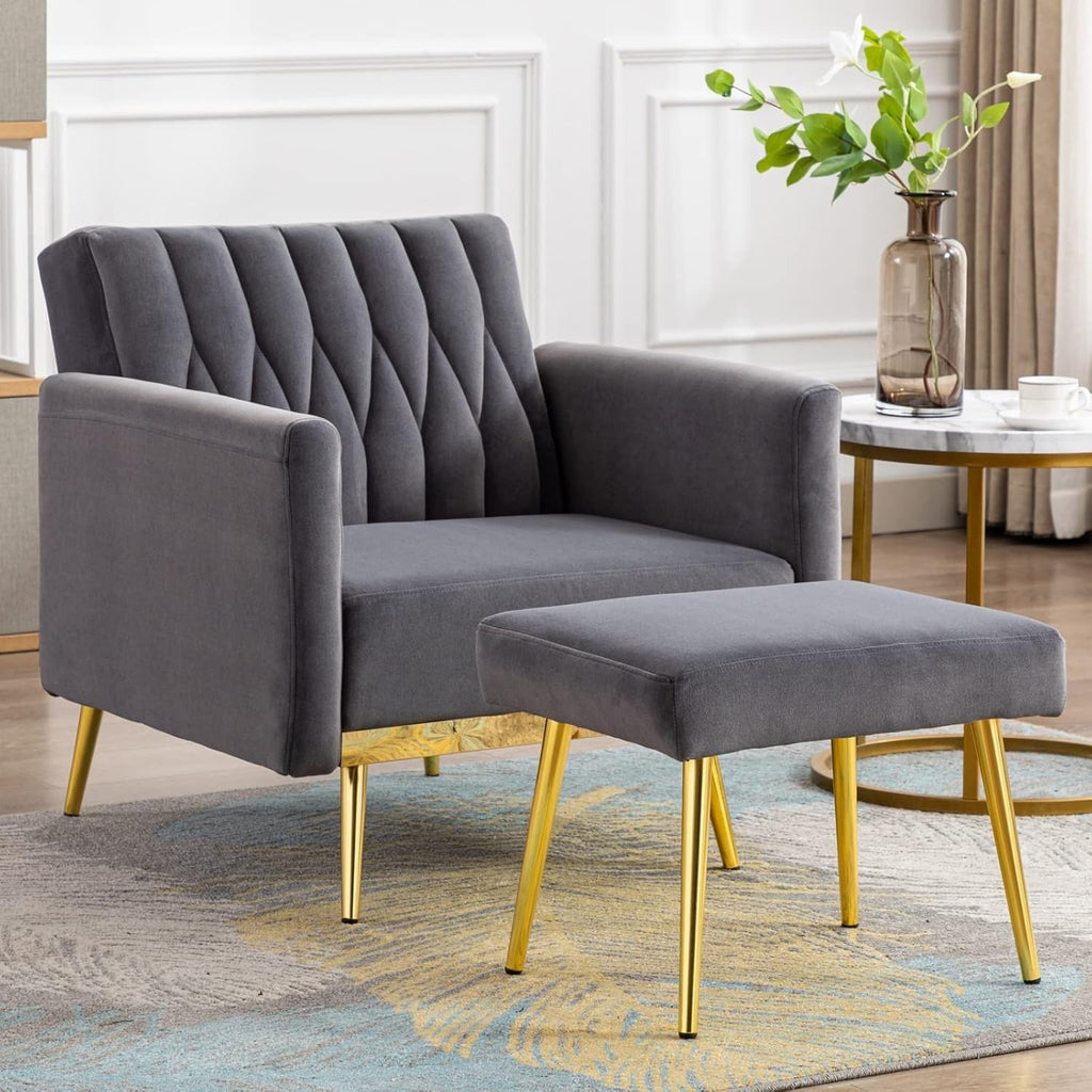 Grey Velvet Sofa Lounge Chair with Ottoman and Gold Legs