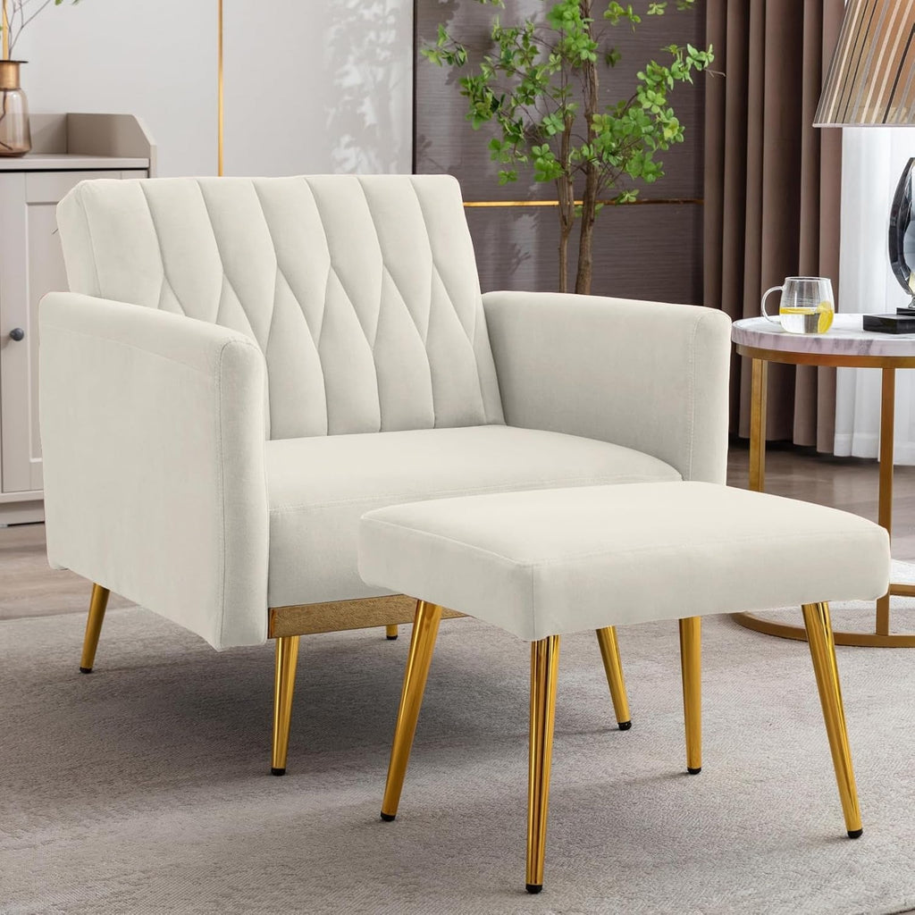 White Convertible Sofa Lounge Chair with Ottoman