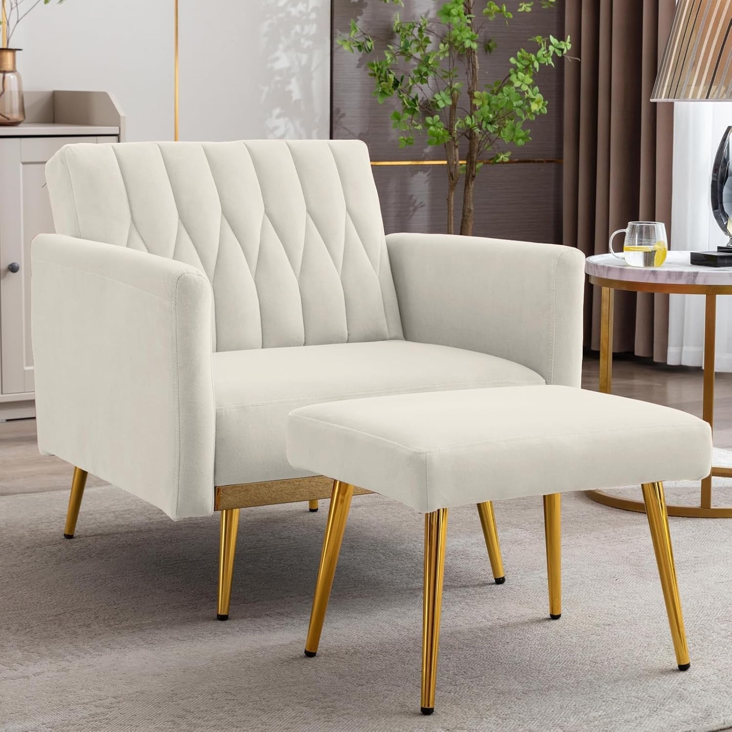 White Convertible Sofa Lounge Chair with Ottoman